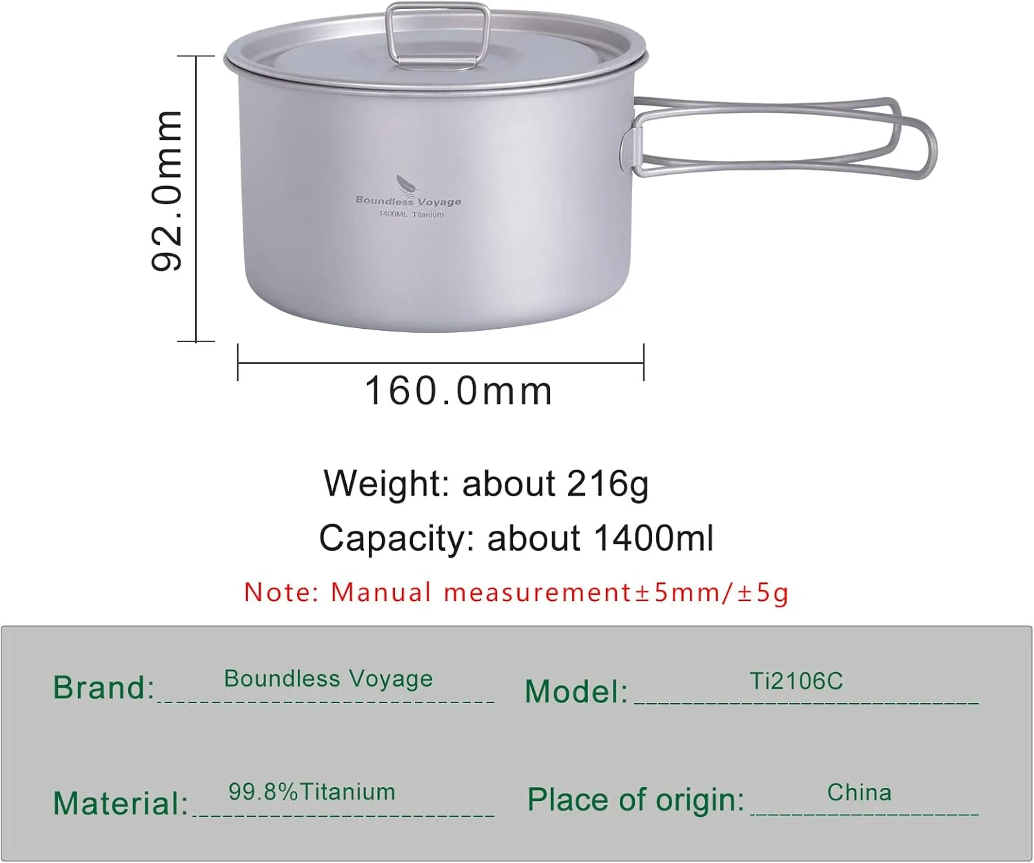 Boundless Voyage Camping Cookware Lightweight Cooking Pot Set Titanium Pot Portable for Outdoor Cooking Traveling Hiking Trekking Backpacking, 1-5 Person