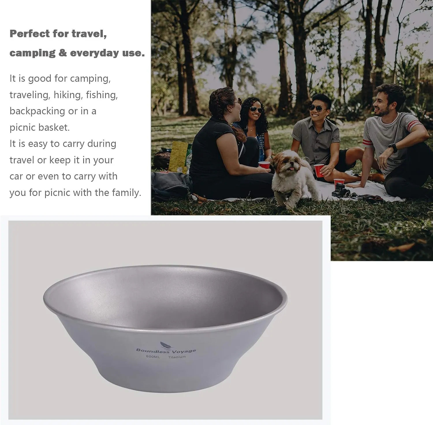 Boundless Voyage Ultralight Titanium Bowl Pan Plate Dish with Carry Bag Outdoor Camping Portable Tableware Cookware (Ti15164B (600ml Bowl))