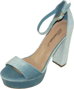 Breckelle's Women's Bella-34 Velvet Adjustable Ankle Strap Platform Block High Heels (9, Blue)