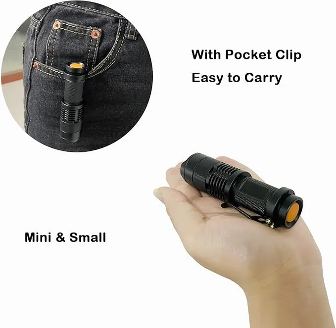 Bright Mini Led Flashlight 7w Small Tactical Flashlights Single Mode Zoomable Military Grade AA Torch with Clip for Gift, Hiking, Camping & Power Outage(Battery Not Included), 4 Pack
