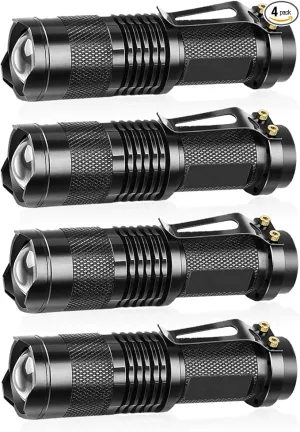 Bright Mini Led Flashlight 7w Small Tactical Flashlights Single Mode Zoomable Military Grade AA Torch with Clip for Gift, Hiking, Camping & Power Outage(Battery Not Included), 4 Pack