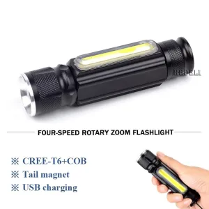 Built-in battery Flashlight Zoom cob work Flash light XML t6 Led Flashlight warterproof USB Torch charge lanterna lamp Magnet
