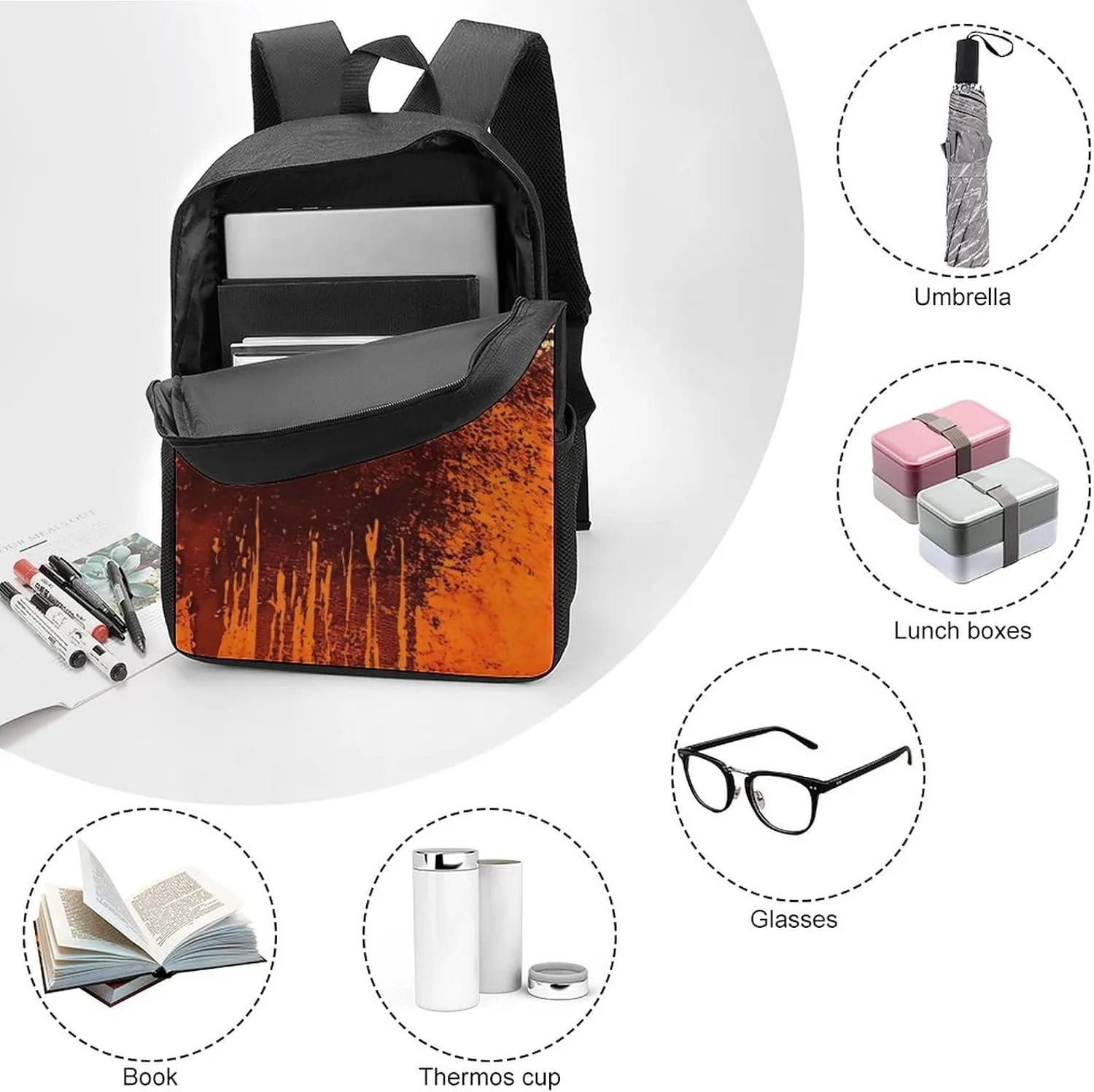 Burnt Abstract Monochrome Orange Graphic Blots Backpack with Adjustable Straps, Suitable for Travel Picnics Activities