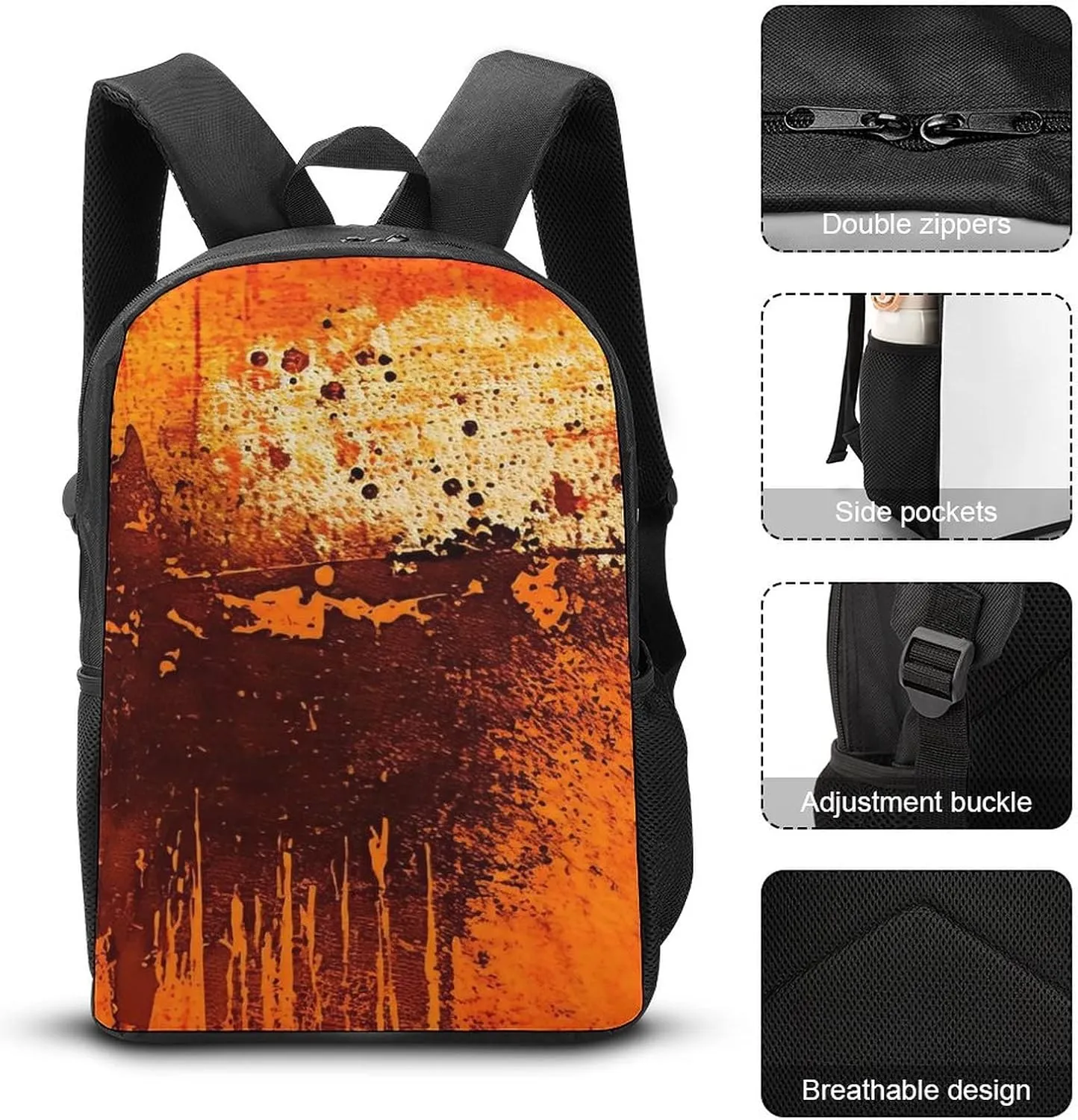 Burnt Abstract Monochrome Orange Graphic Blots Backpack with Adjustable Straps, Suitable for Travel Picnics Activities