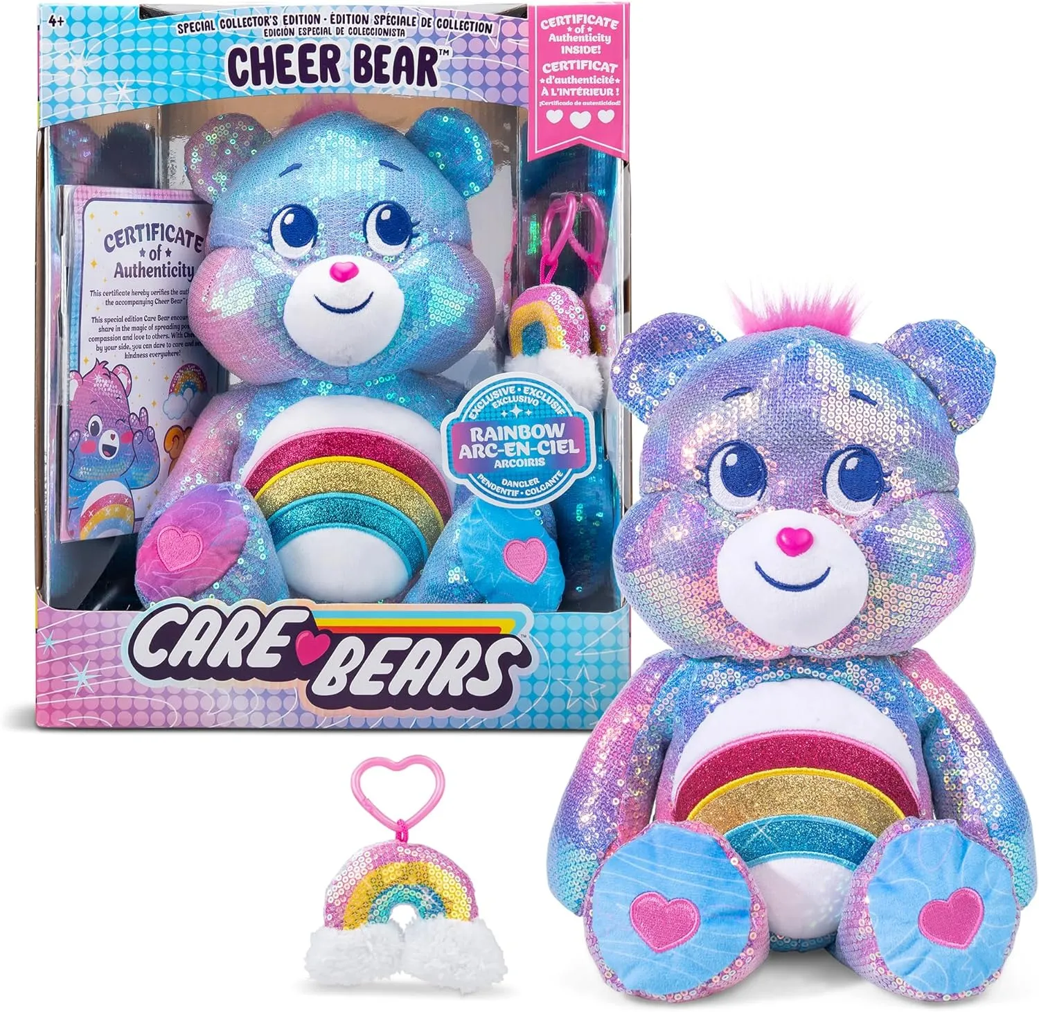 Care Bears Sequin Plush, Cheer Bear Plushie for Ages 4  Perfect Stuffed Animal, Super Soft and Cuddly – Good for Girls and Boys, Employees, Collectors, Great Valentines Day Gift for Kids