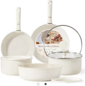 CAROTE 11pcs Pots and Pans Set, Nonstick Cookware Detachable/Removable Handle, Induction RV Kitchen Set, Oven Safe, Cream White