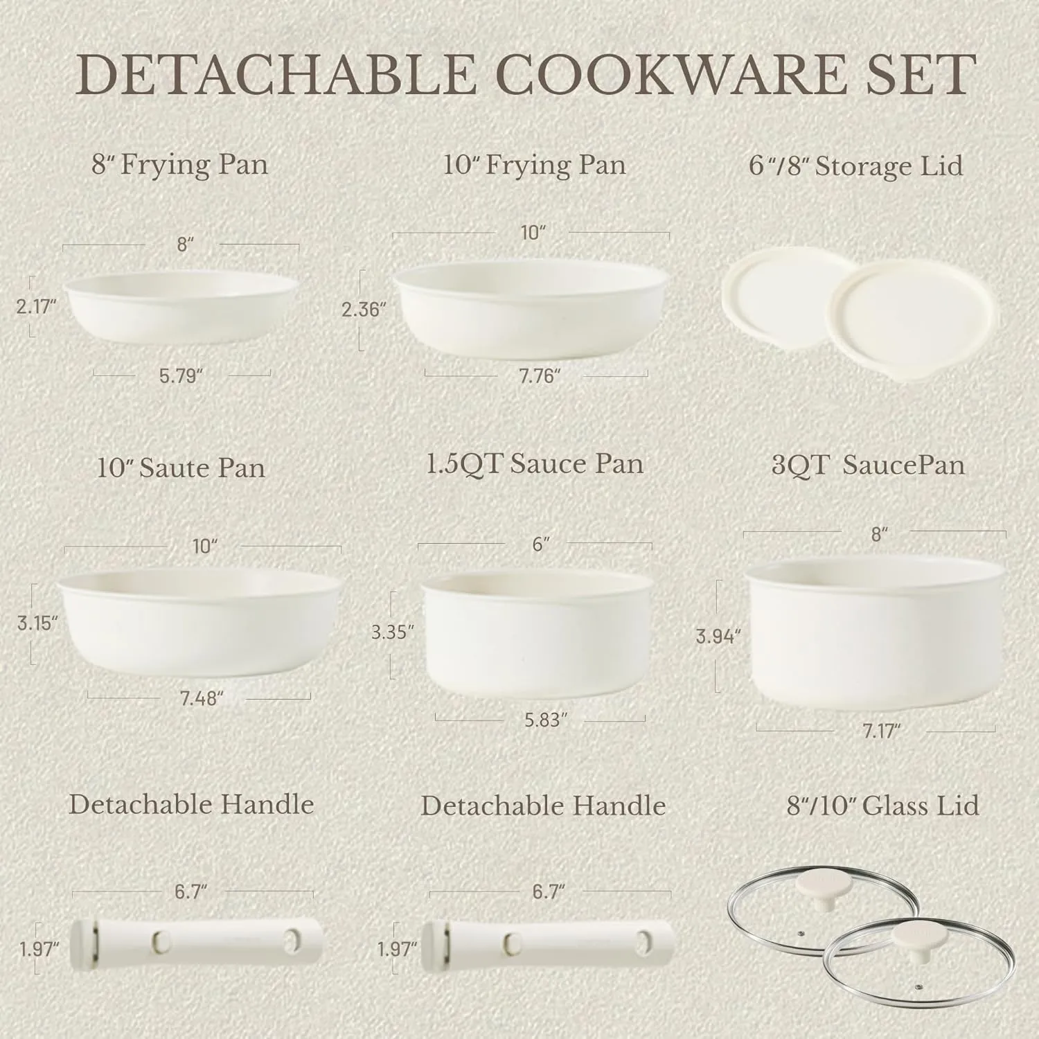 CAROTE 11pcs Pots and Pans Set, Nonstick Cookware Detachable/Removable Handle, Induction RV Kitchen Set, Oven Safe, Cream White