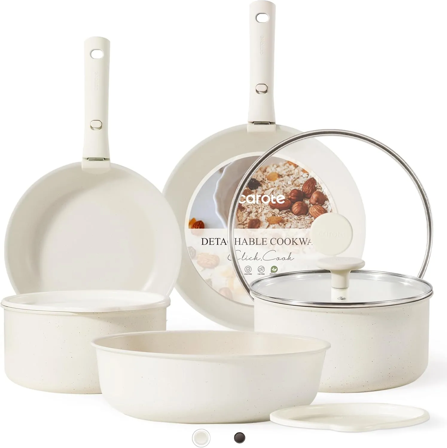CAROTE 11pcs Pots and Pans Set, Nonstick Cookware Detachable/Removable Handle, Induction RV Kitchen Set, Oven Safe, Cream White