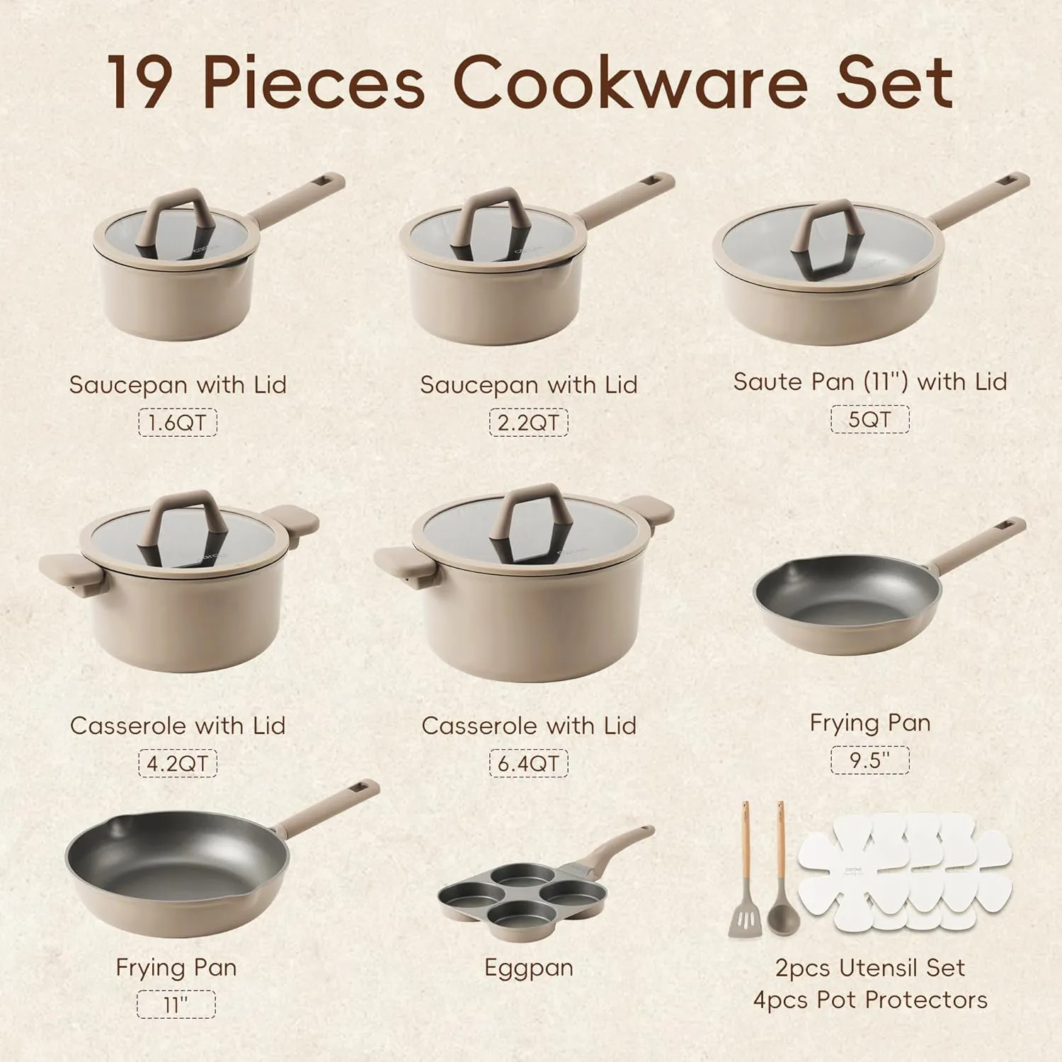 CAROTE 19pcs Nonstick Cookware Set, Pots and Pans Set Non Stick, kitchen Cooking Set, Premium Induction Cookware, Frying pan, Large Capacity Granite, Brown