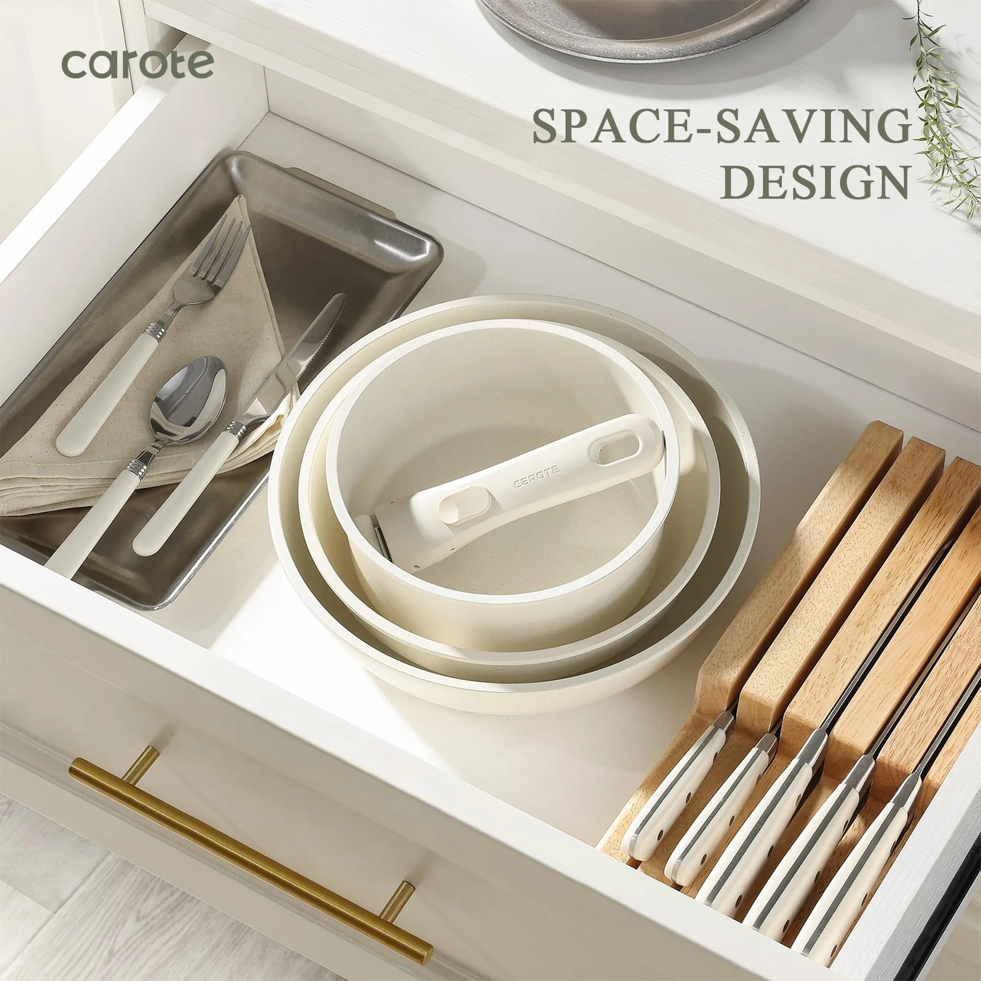 CAROTE Pots and Pans Set Non Stick, Cookware Sets Nonstick, 11pcs Kitchen Set, Oven Safe, Induction Ready, Stackable Non-stick Set with Removable Handle, RV Set with Detachable Handle, Cream White