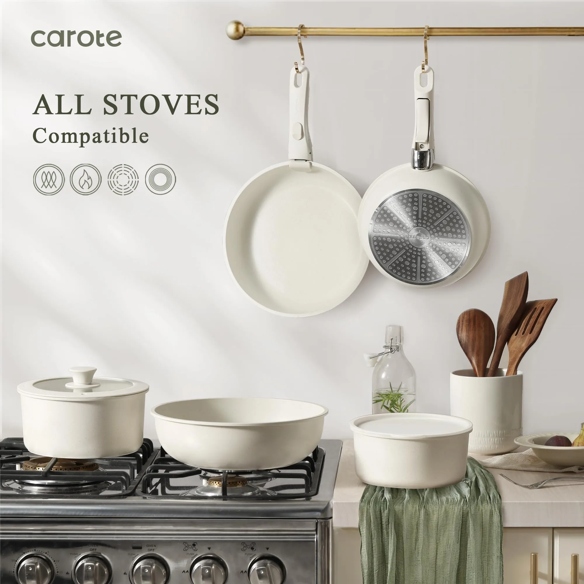 CAROTE Pots and Pans Set Non Stick, Cookware Sets Nonstick, 11pcs Kitchen Set, Oven Safe, Induction Ready, Stackable Non-stick Set with Removable Handle, RV Set with Detachable Handle, Cream White