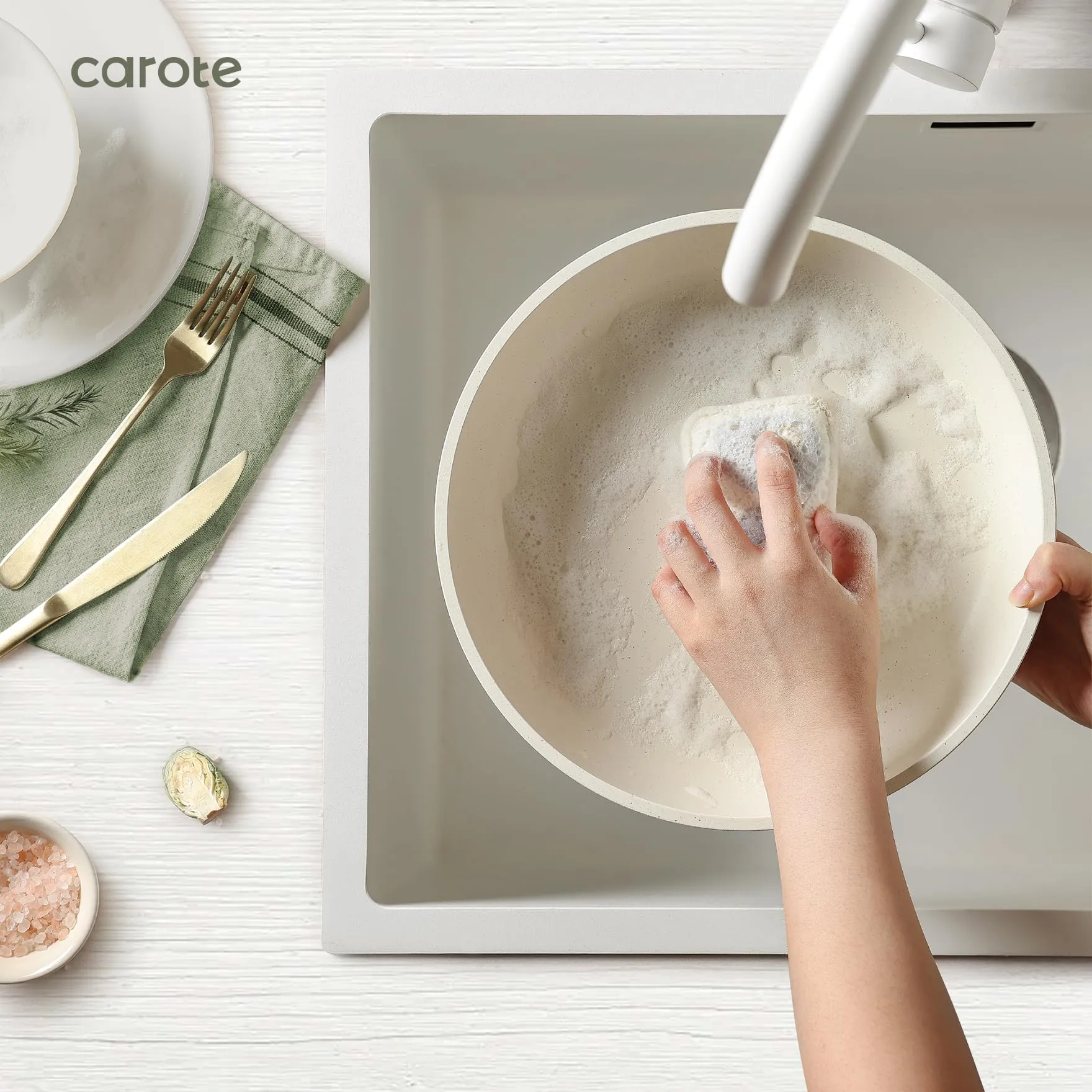 CAROTE Pots and Pans Set Non Stick, Cookware Sets Nonstick, 11pcs Kitchen Set, Oven Safe, Induction Ready, Stackable Non-stick Set with Removable Handle, RV Set with Detachable Handle, Cream White