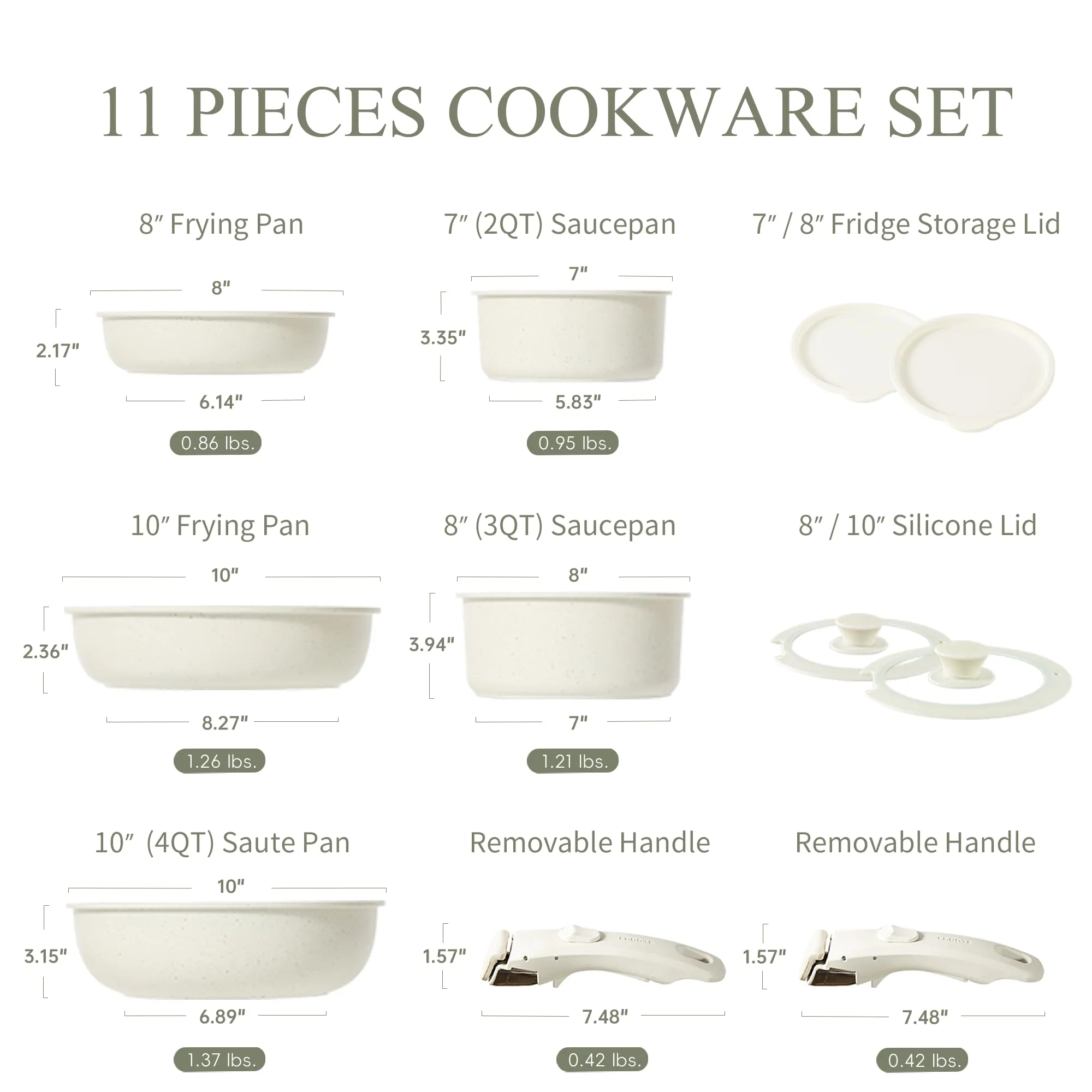 CAROTE Pots and Pans Set Non Stick, Cookware Sets Nonstick, 11pcs Kitchen Set, Oven Safe, Induction Ready, Stackable Non-stick Set with Removable Handle, RV Set with Detachable Handle, Cream White