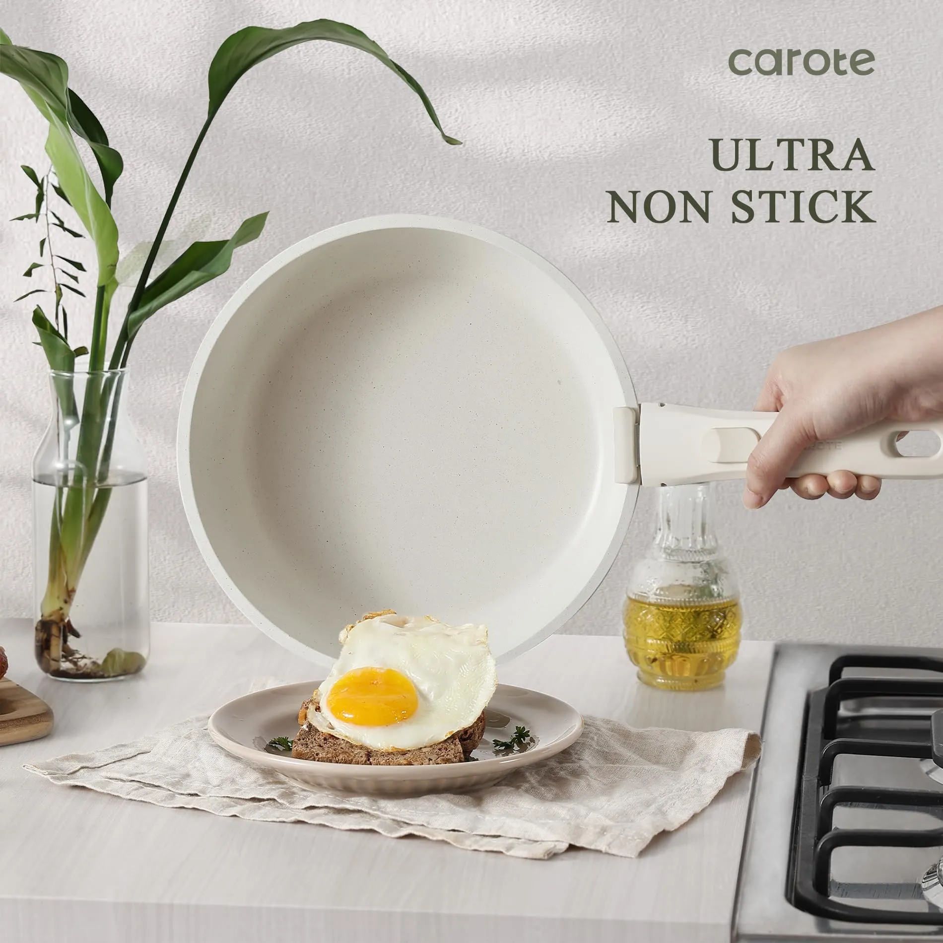CAROTE Pots and Pans Set Non Stick, Cookware Sets Nonstick, 11pcs Kitchen Set, Oven Safe, Induction Ready, Stackable Non-stick Set with Removable Handle, RV Set with Detachable Handle, Cream White