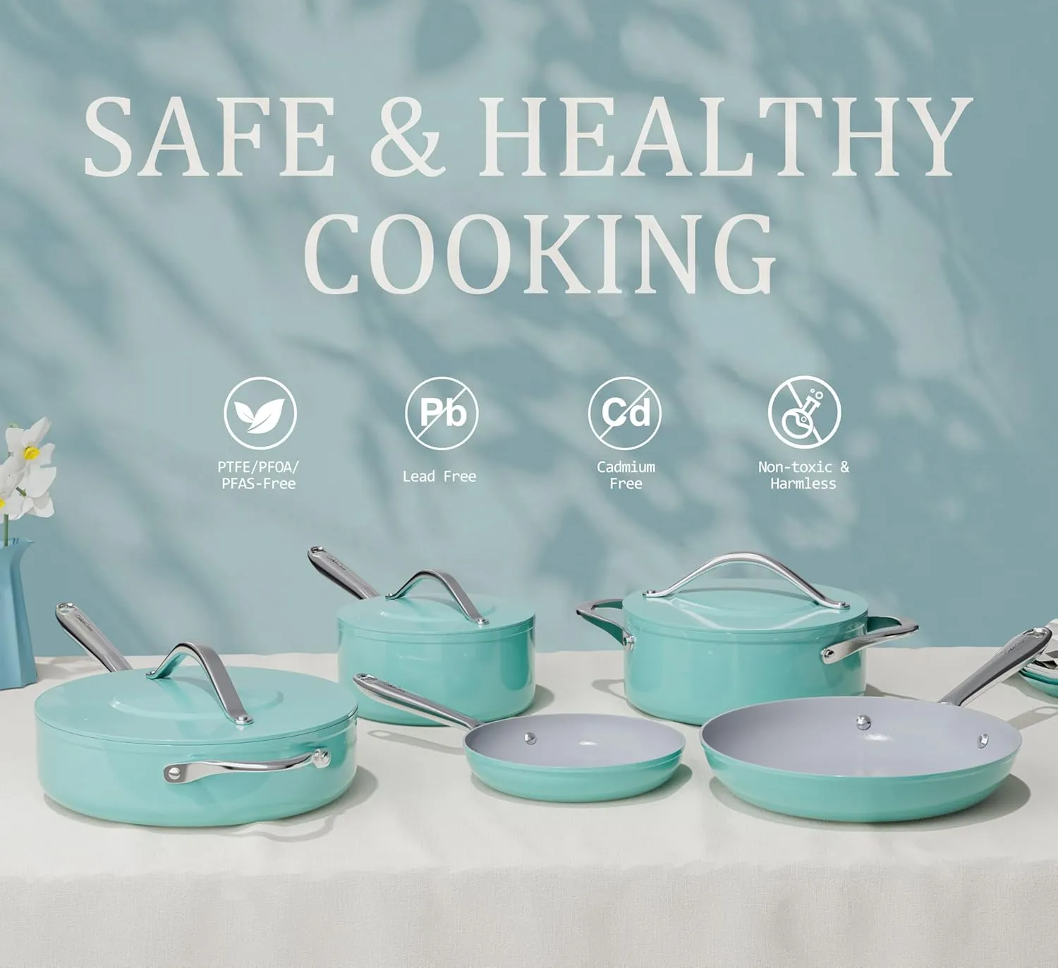 Ceramic Cookware Set Nonstick Pots and Pans Set 8-Piece - Non-Toxic & PTFE/PFOA/PFAS Free, Induction Compatible, Oven & Dishwasher Safe to 500°F, Caribbean Blue