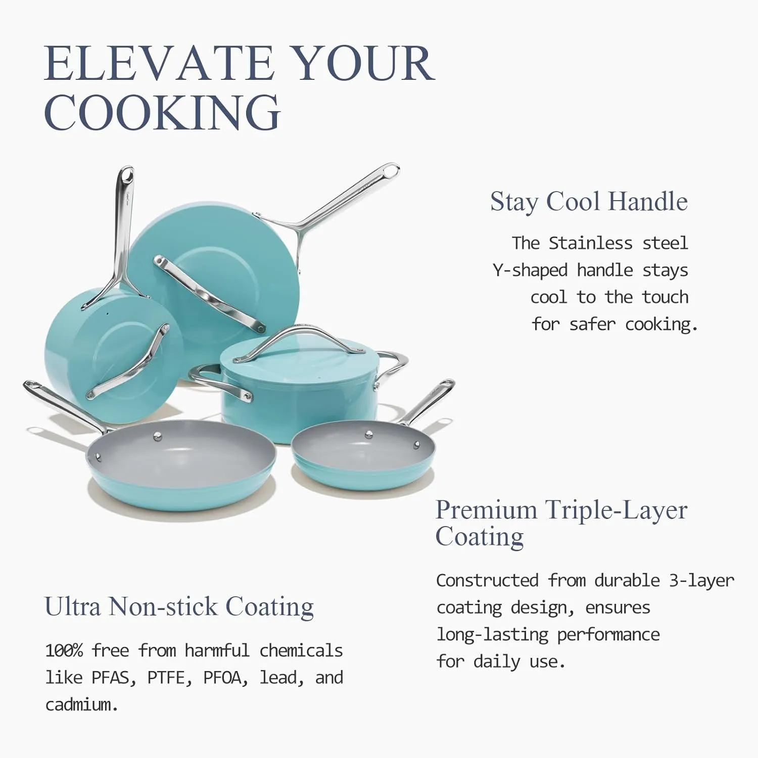 Ceramic Cookware Set Nonstick Pots and Pans Set 8-Piece - Non-Toxic & PTFE/PFOA/PFAS Free, Induction Compatible, Oven & Dishwasher Safe to 500°F, Caribbean Blue