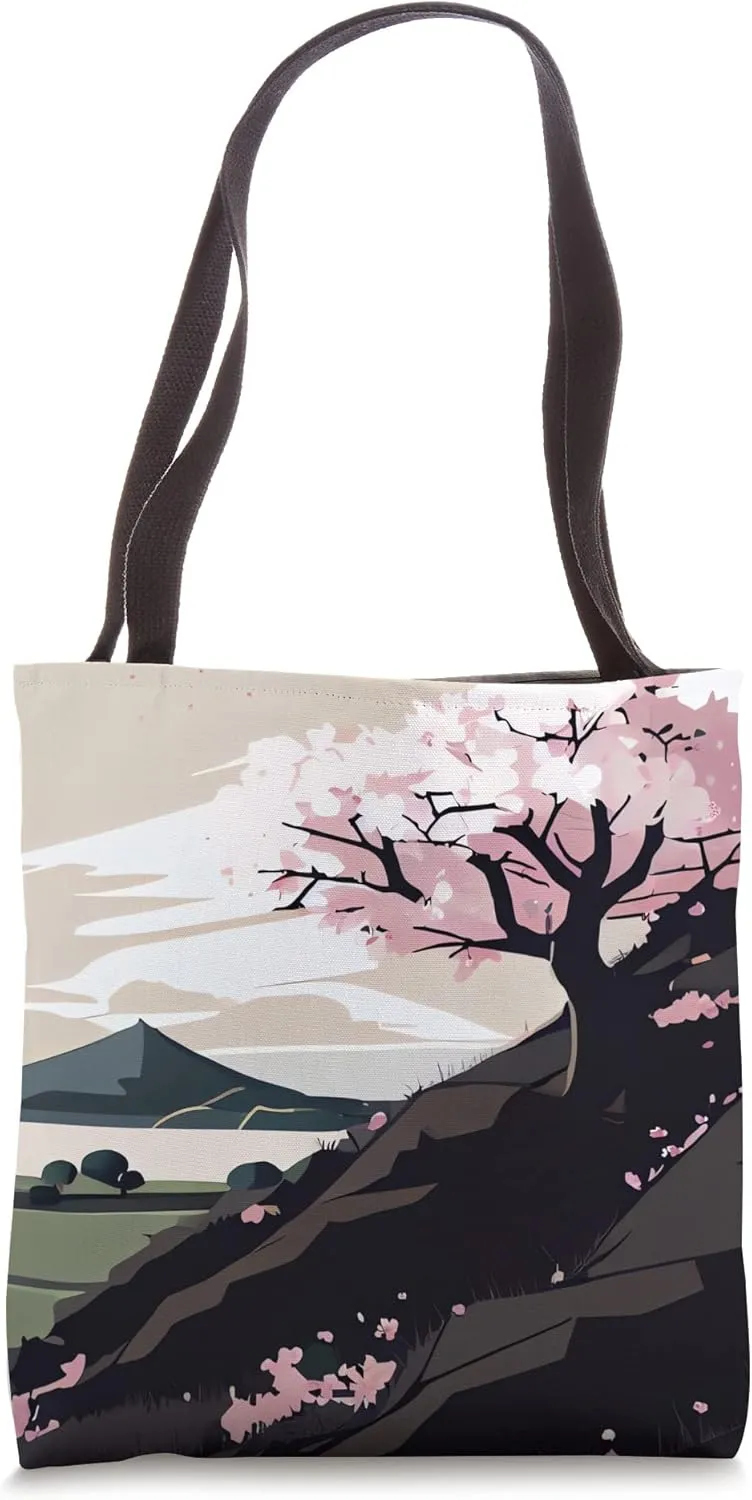 Cherry Blossom tree on hillside mountain lake countryside Tote Bag