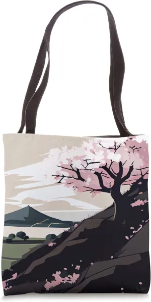 Cherry Blossom tree on hillside mountain lake countryside Tote Bag