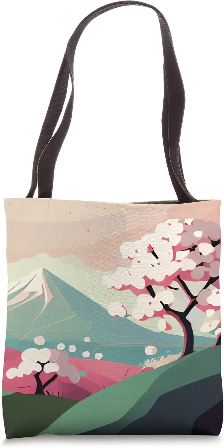 Cherry Blossom tree on hillside mountain pastel shades Tote Bag