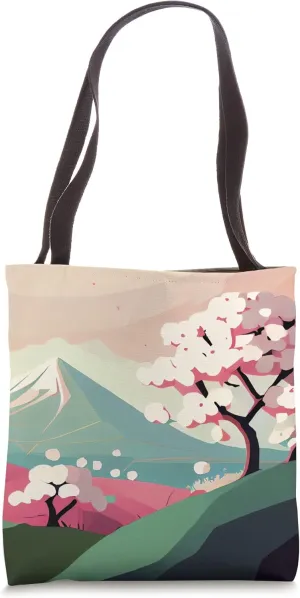 Cherry Blossom tree on hillside mountain pastel shades Tote Bag