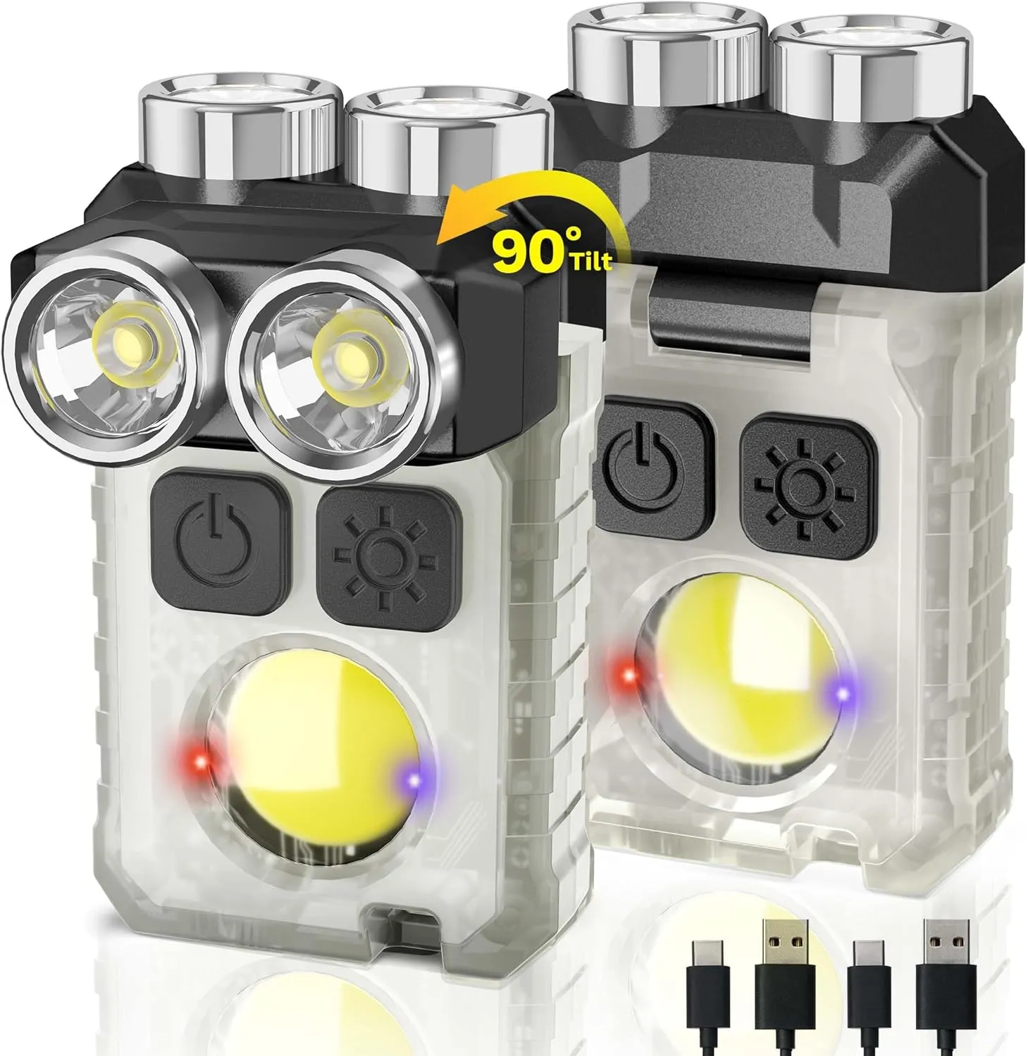 CLAKAP Rechargeable EDC Flashlight, 2Pack 1200LM Keychain Flashlight with COB Floodlight, 11 Modes Magnetic Small Flashlight 90°Head Swivels Portable Mini Pocket Light with Clip for Camping, Outdoor