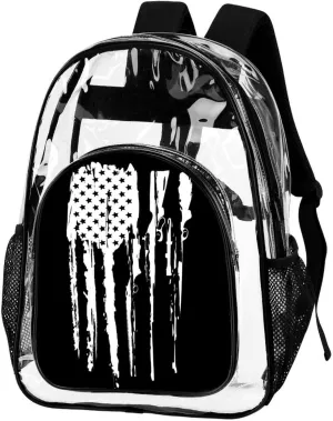 Clear Backpack Black And White Gun Design American Flag Heavy Duty Clear Bag PVC Transparent Clear Book Bag with Adjustable Shoulder Straps for Security Work Concert Festival Travel