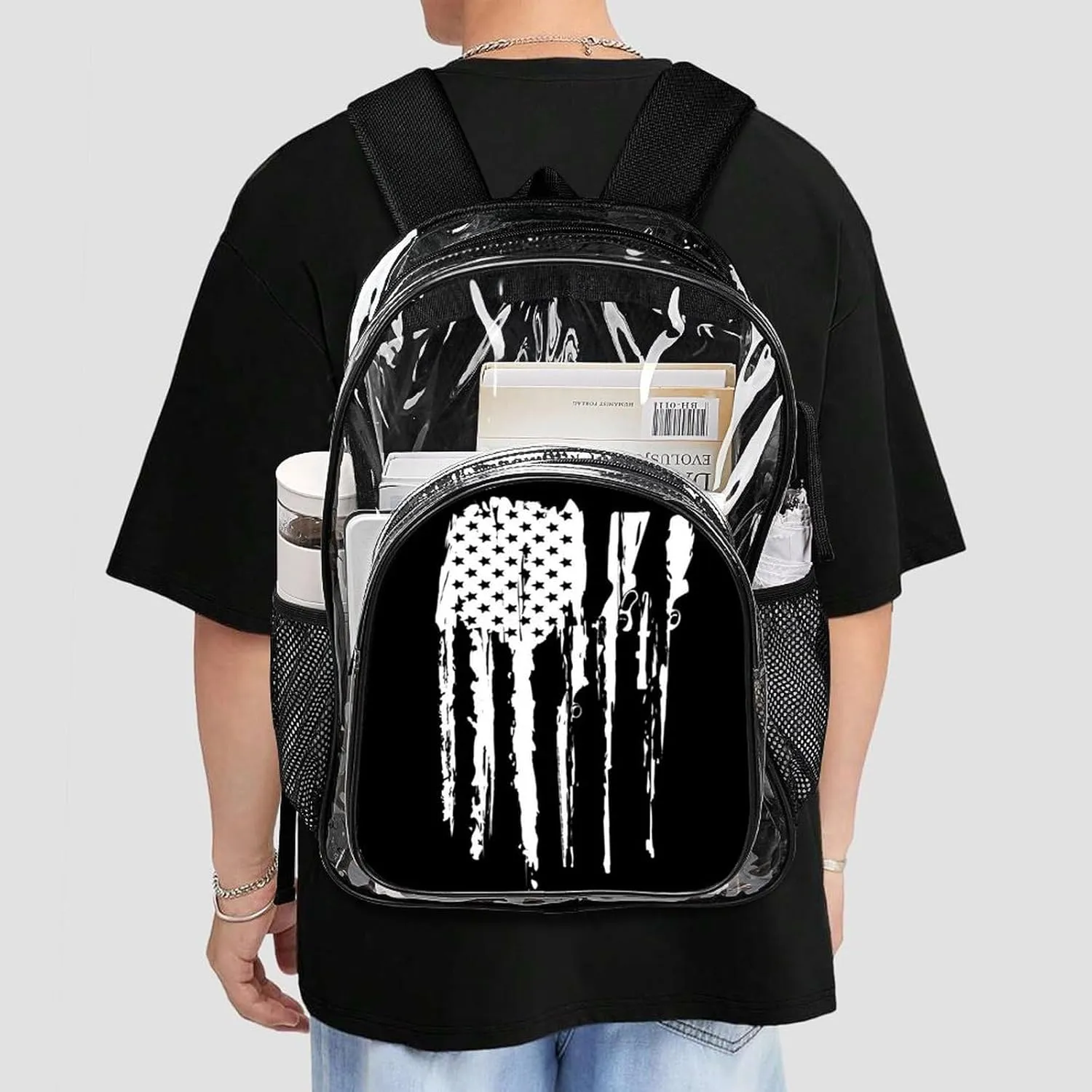 Clear Backpack Black And White Gun Design American Flag Heavy Duty Clear Bag PVC Transparent Clear Book Bag with Adjustable Shoulder Straps for Security Work Concert Festival Travel