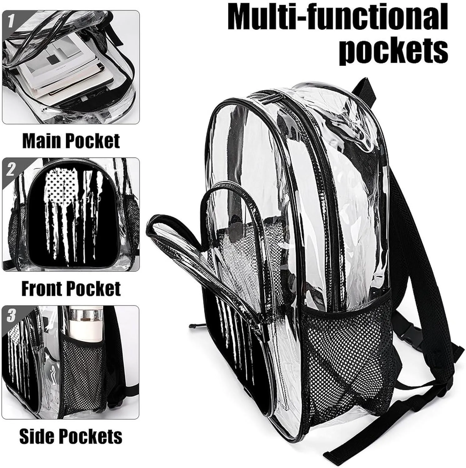 Clear Backpack Black And White Gun Design American Flag Heavy Duty Clear Bag PVC Transparent Clear Book Bag with Adjustable Shoulder Straps for Security Work Concert Festival Travel