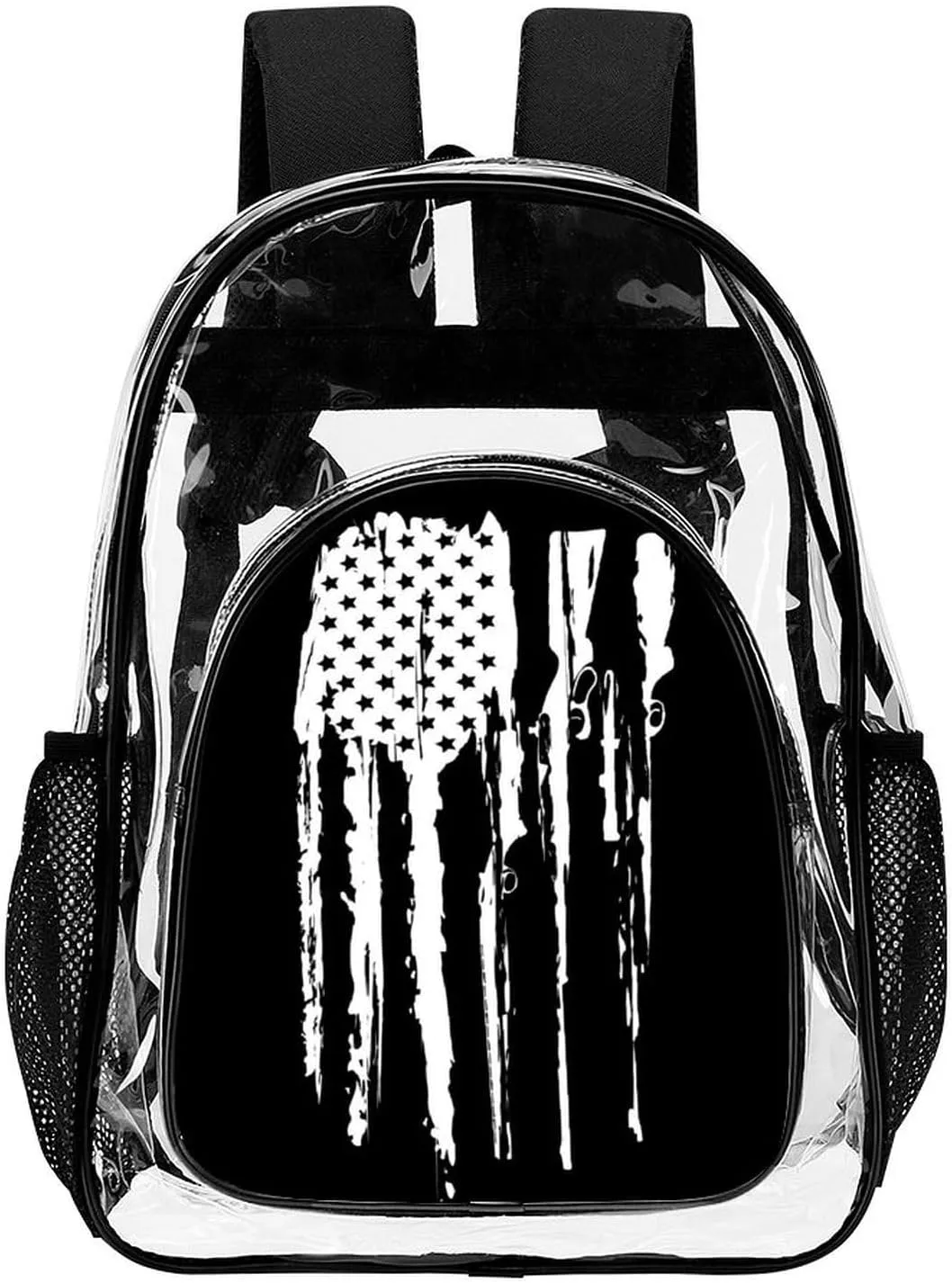 Clear Backpack Black And White Gun Design American Flag Heavy Duty Clear Bag PVC Transparent Clear Book Bag with Adjustable Shoulder Straps for Security Work Concert Festival Travel