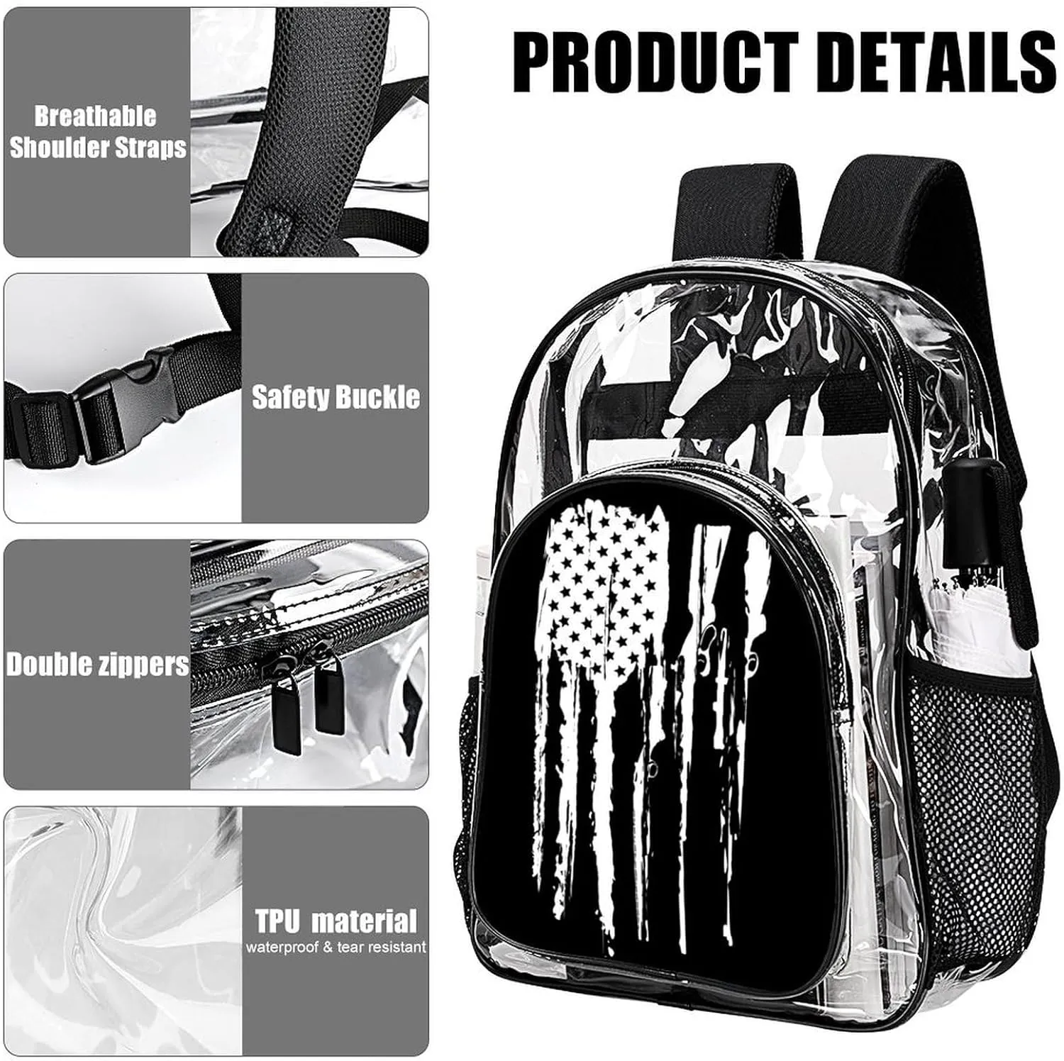 Clear Backpack Black And White Gun Design American Flag Heavy Duty Clear Bag PVC Transparent Clear Book Bag with Adjustable Shoulder Straps for Security Work Concert Festival Travel