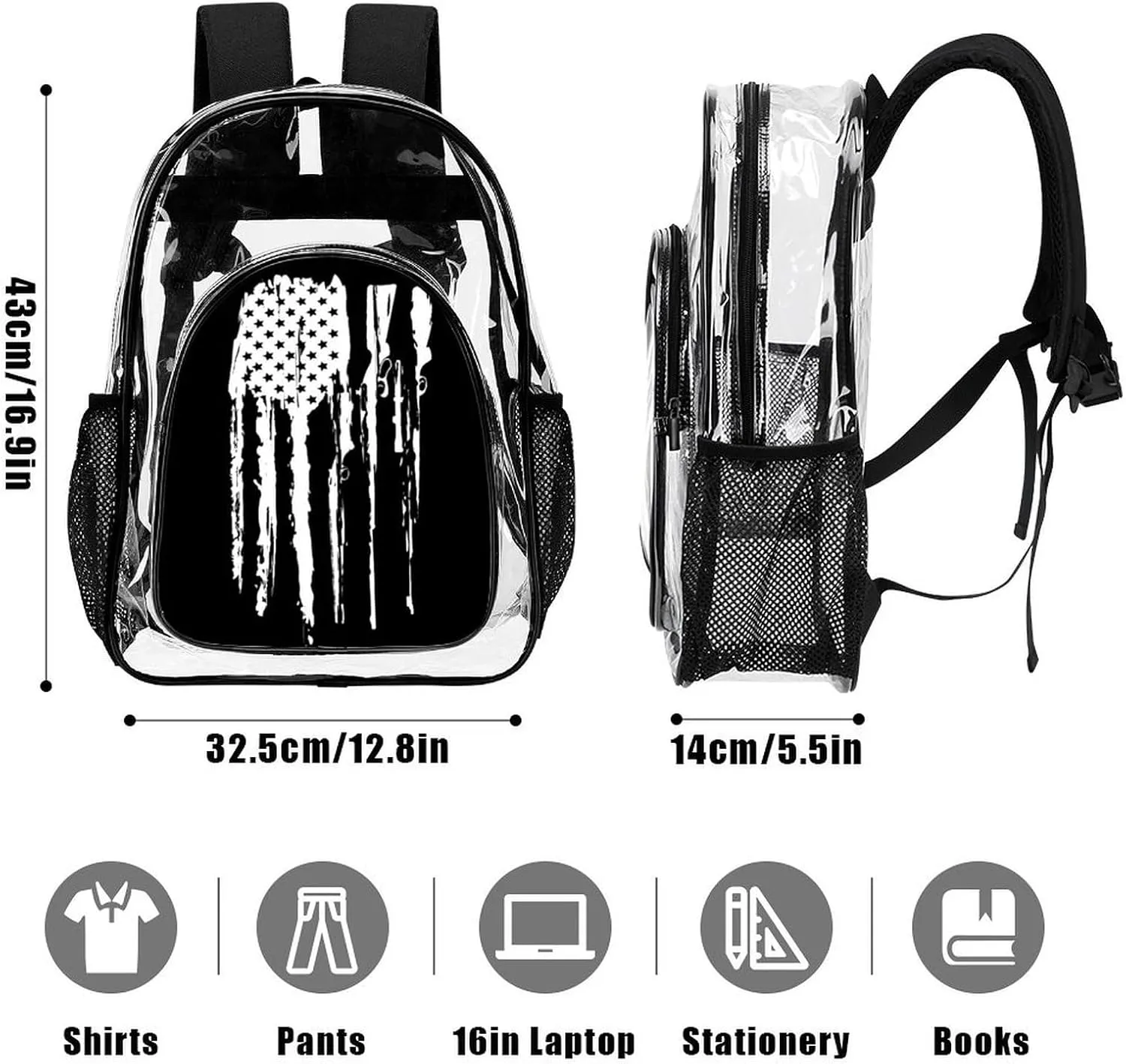 Clear Backpack Black And White Gun Design American Flag Heavy Duty Clear Bag PVC Transparent Clear Book Bag with Adjustable Shoulder Straps for Security Work Concert Festival Travel