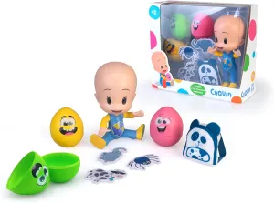 CLEO & cuquin - Cuquin and The Surprise Eggs, Vinyl Doll with 3 Surprise Eggs with 3 Animals Inside and 1 Textile Backpack, 20 cm Articulated Figure, Official Cuquin, Famous (CUQ00000)