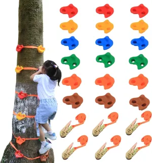 Climbing Hold for Kids Outdoor-Ninja Tree Climbing Rocks 18 Pcs with 6 Ratchet Straps Grip Kits for Outdoor Ninja Warrior Obstacle Course Training (Rocks 15 Pcs and 6 Ratchet)