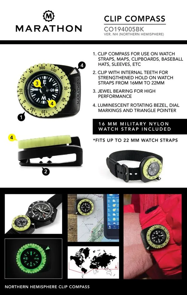Clip-On Wrist Compass with Glow in The Dark Bezel