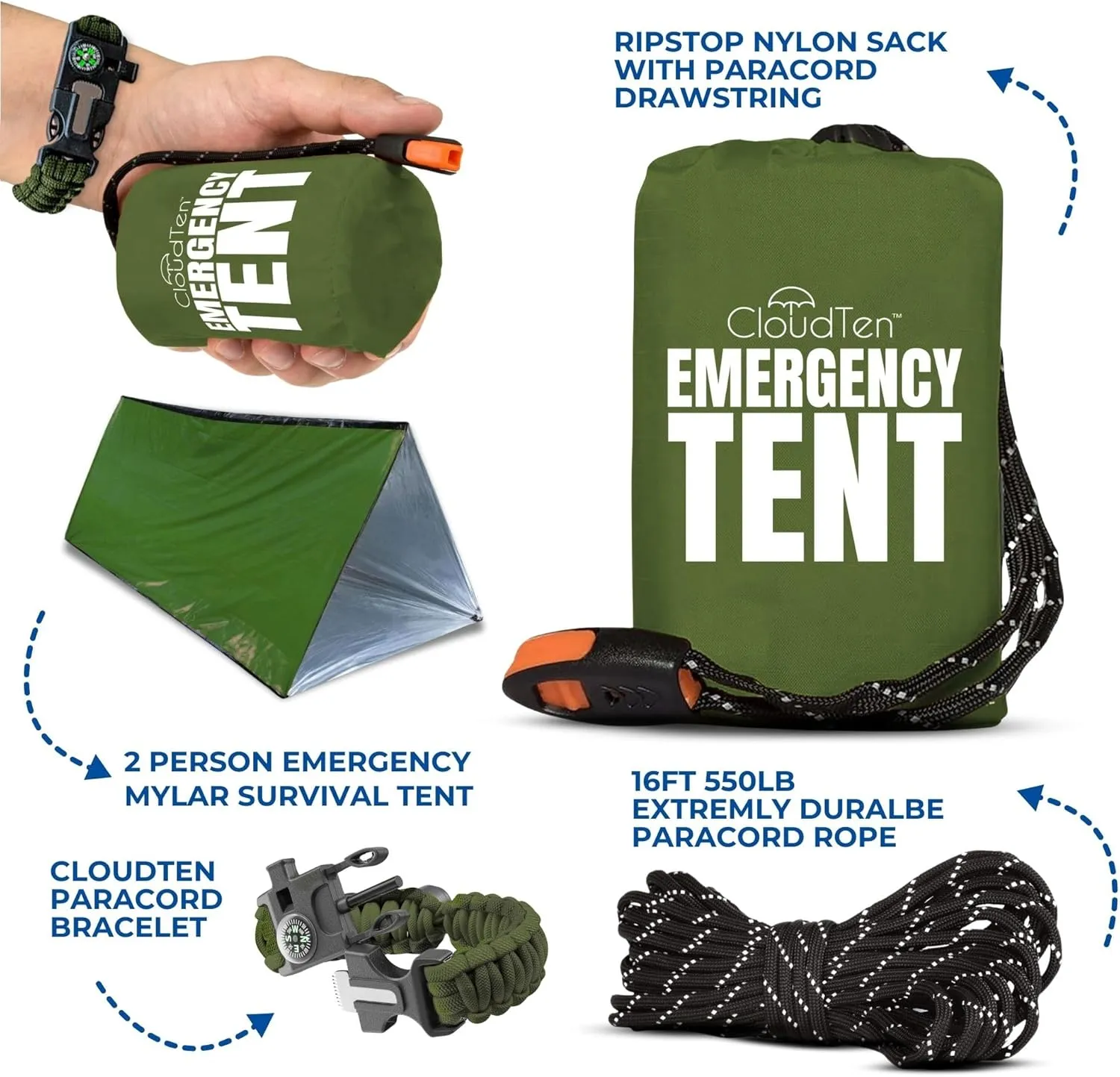 CloudTen Emergency Tent: Lightweight 2 Person Survival Tent with Multi-Function Paracord Bracelets - Essential Survival Gear & Bug Out Bag Items for Preppers, Hikers, Survivalists, Campers, Boy Scouts