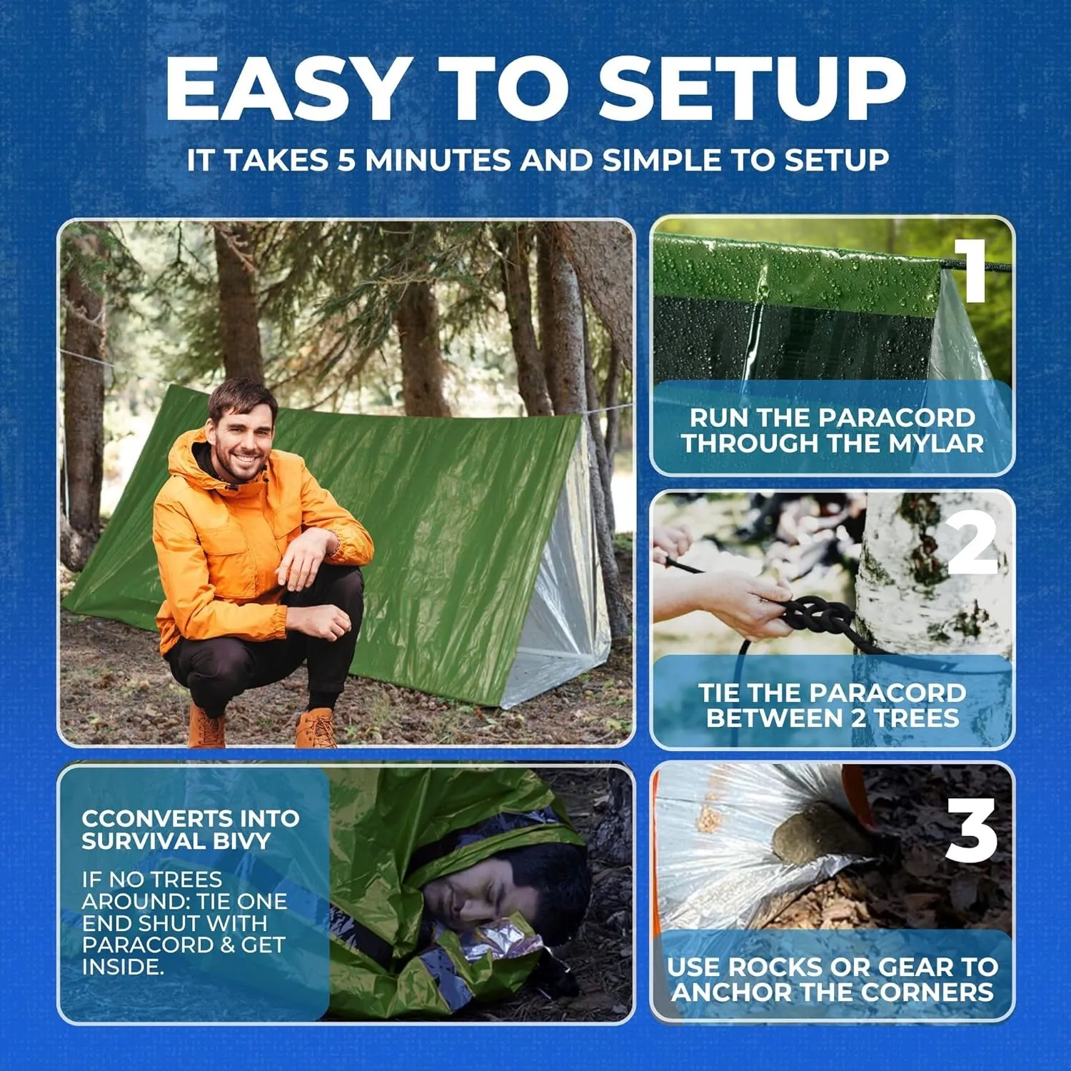 CloudTen Emergency Tent: Lightweight 2 Person Survival Tent with Multi-Function Paracord Bracelets - Essential Survival Gear & Bug Out Bag Items for Preppers, Hikers, Survivalists, Campers, Boy Scouts