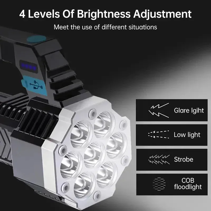 COB 7 LED Handheld Flashlight - Rechargeable, Portable, and Water-Resistant with USB Charging