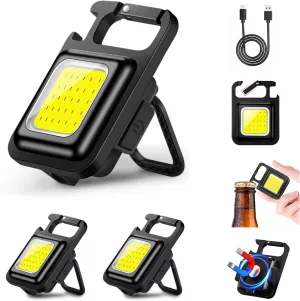 Cob Keychain Flashlight, Mini Rechargeable Flashlights Folding Bracket Bottle Opener Magnetic Base Small Emergency, 3 Light Modes, Keychain Work Light for Fishing Walking Camping(3Pack)