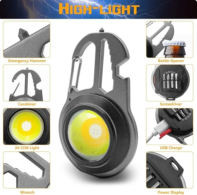 COB Small Flashlights, Rechargeable Keychain Mini Flashlight 4 Modes Portable Pocket Light with Bottle Opener Hook Window Breaker Wrench Screwdriver Function for Fishing Camping Walking