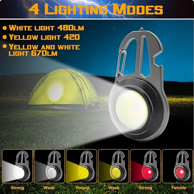 COB Small Flashlights, Rechargeable Keychain Mini Flashlight 4 Modes Portable Pocket Light with Bottle Opener Hook Window Breaker Wrench Screwdriver Function for Fishing Camping Walking