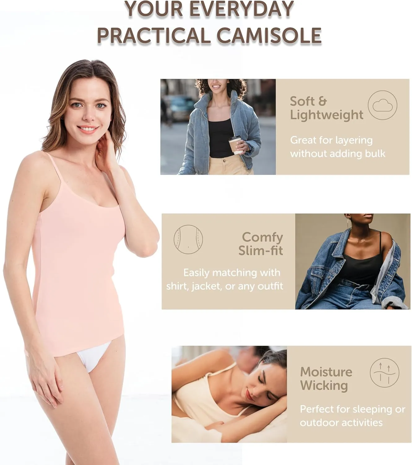 Comfneat Women's 4-Pack Slim-Fit Camisoles Cotton Adjustable Spaghetti Strap Top Underwear