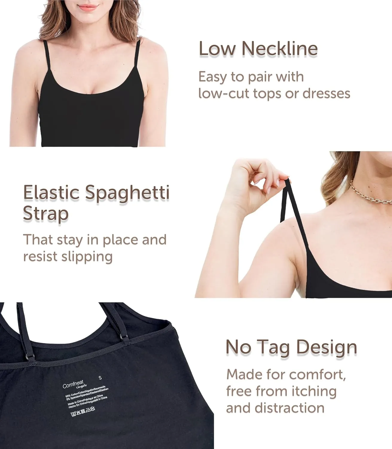 Comfneat Women's 4-Pack Slim-Fit Camisoles Cotton Adjustable Spaghetti Strap Top Underwear