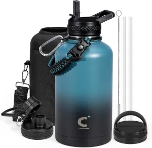 Coolplus Insulated Water Bottle 64 oz, Triple Wall Vacuum Stainless Steel (Cold for 48 Hrs), Leak Proof & BPA-Free, Half Gallon Water Flask Jug with Paracord Handle & 3 Lids, Blue Black
