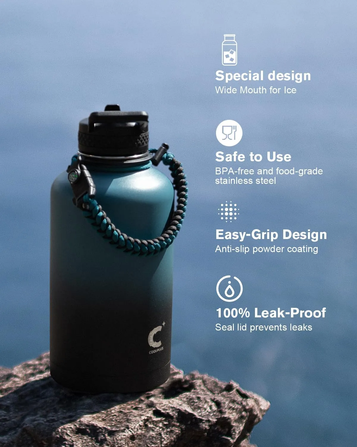 Coolplus Insulated Water Bottle 64 oz, Triple Wall Vacuum Stainless Steel (Cold for 48 Hrs), Leak Proof & BPA-Free, Half Gallon Water Flask Jug with Paracord Handle & 3 Lids, Blue Black