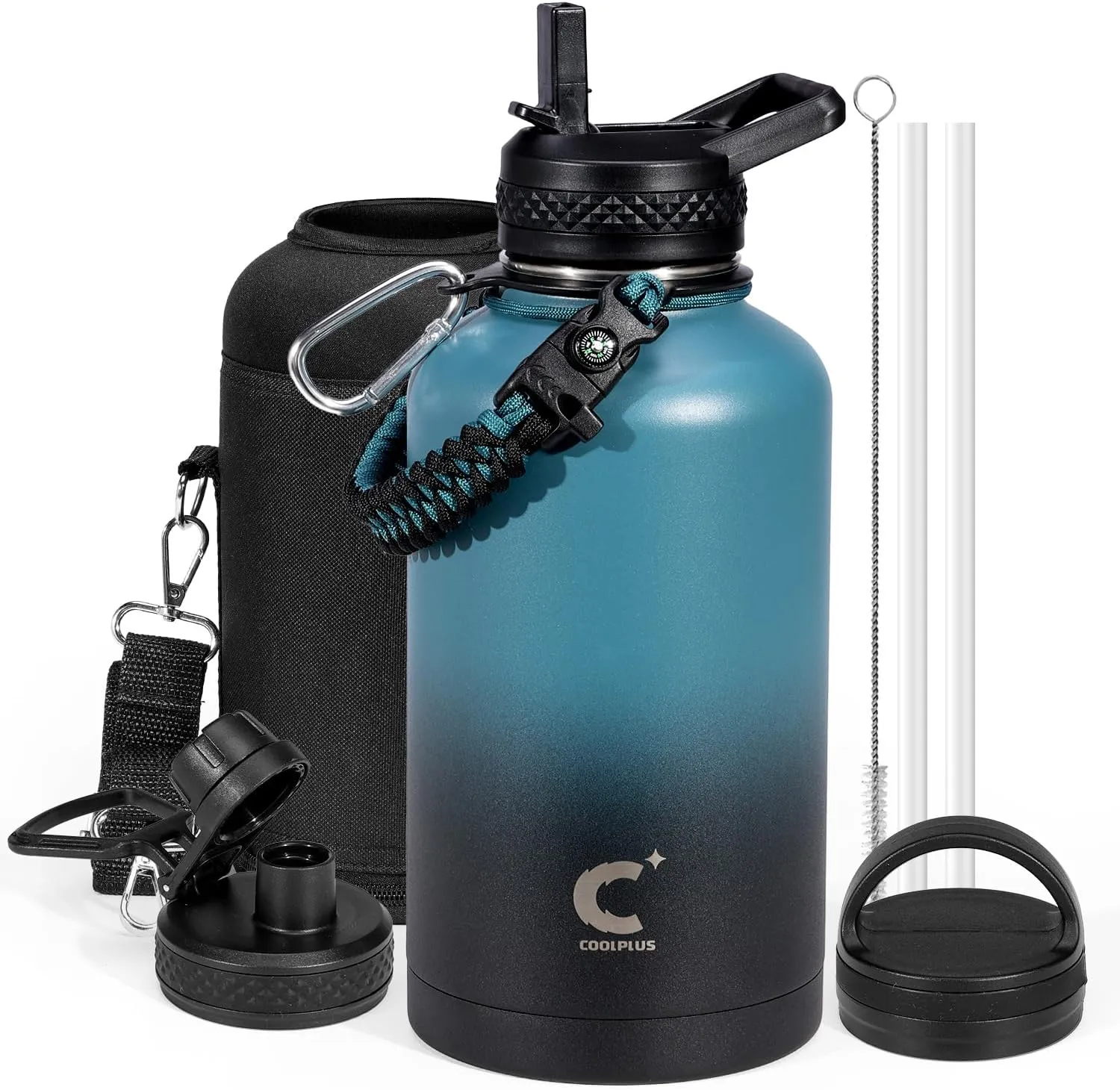 Coolplus Insulated Water Bottle 64 oz, Triple Wall Vacuum Stainless Steel (Cold for 48 Hrs), Leak Proof & BPA-Free, Half Gallon Water Flask Jug with Paracord Handle & 3 Lids, Blue Black