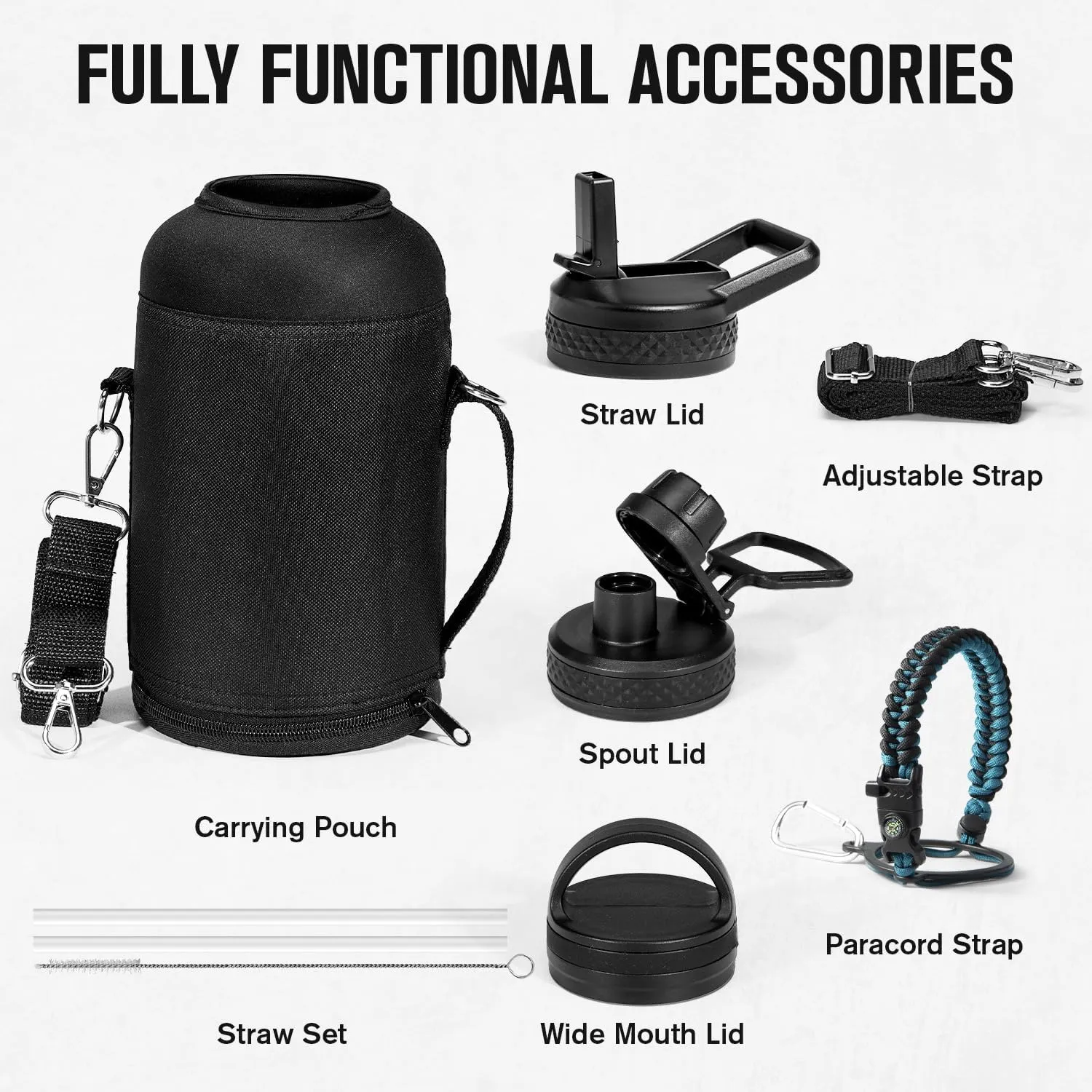 Coolplus Insulated Water Bottle 64 oz, Triple Wall Vacuum Stainless Steel (Cold for 48 Hrs), Leak Proof & BPA-Free, Half Gallon Water Flask Jug with Paracord Handle & 3 Lids, Blue Black