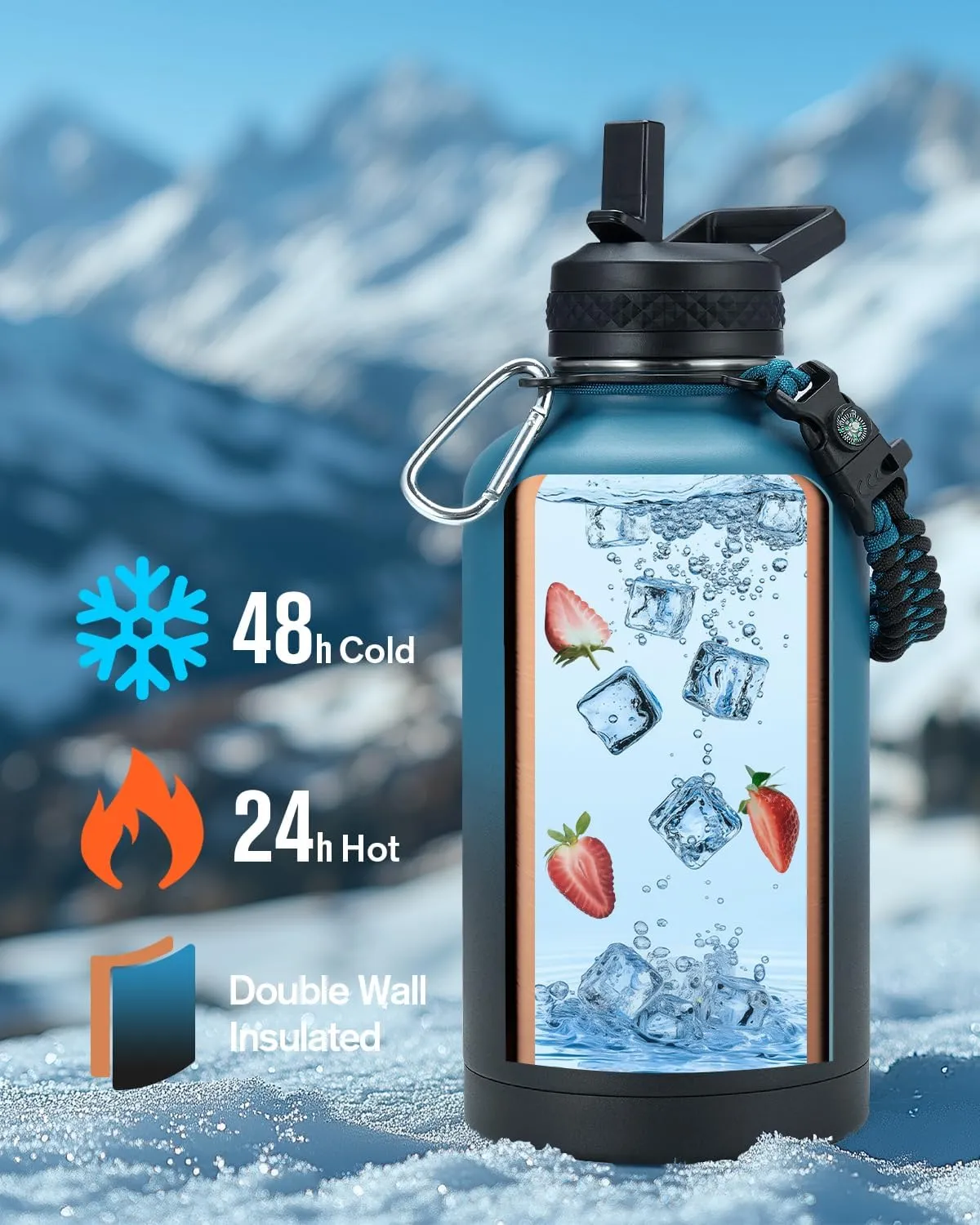Coolplus Insulated Water Bottle 64 oz, Triple Wall Vacuum Stainless Steel (Cold for 48 Hrs), Leak Proof & BPA-Free, Half Gallon Water Flask Jug with Paracord Handle & 3 Lids, Blue Black