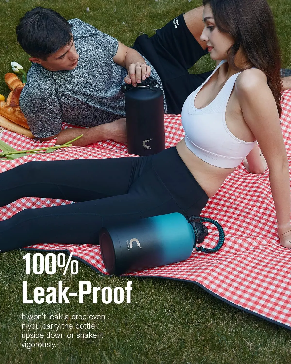 Coolplus Insulated Water Bottle 64 oz, Triple Wall Vacuum Stainless Steel (Cold for 48 Hrs), Leak Proof & BPA-Free, Half Gallon Water Flask Jug with Paracord Handle & 3 Lids, Blue Black