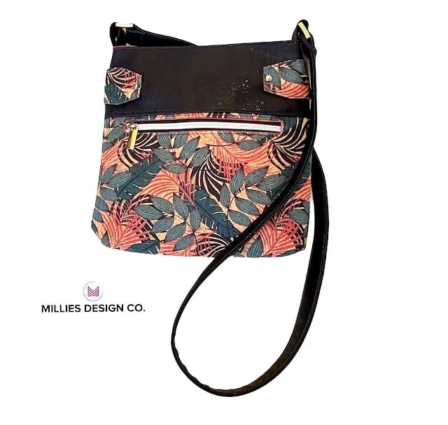 Cork Handbag - Fern & Floral Print Cork with Coordinating Black Cork