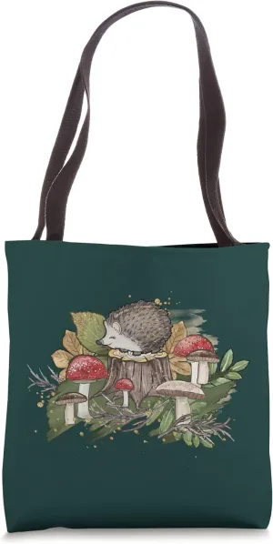 Cottagecore Graphic & Cute Hedgehog Mushrooms Forest Stump Tote Bag